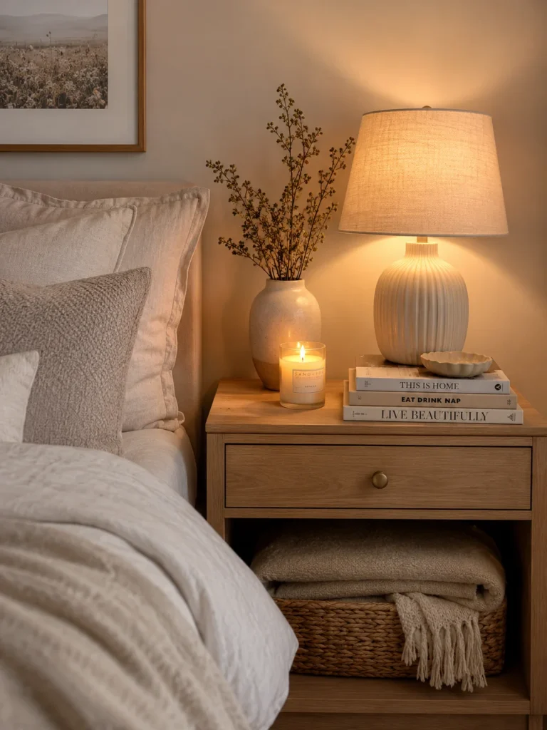 aesthetic bedroom nightstand styling with candle