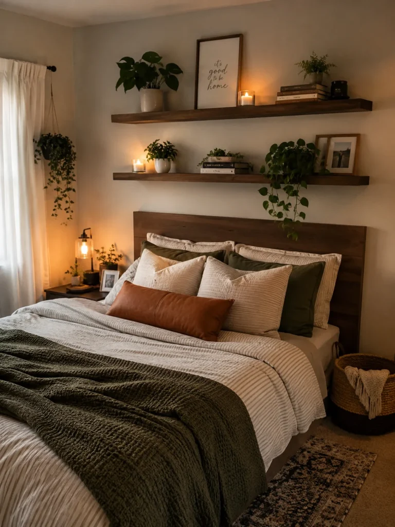 bedroom with diy floating shelves