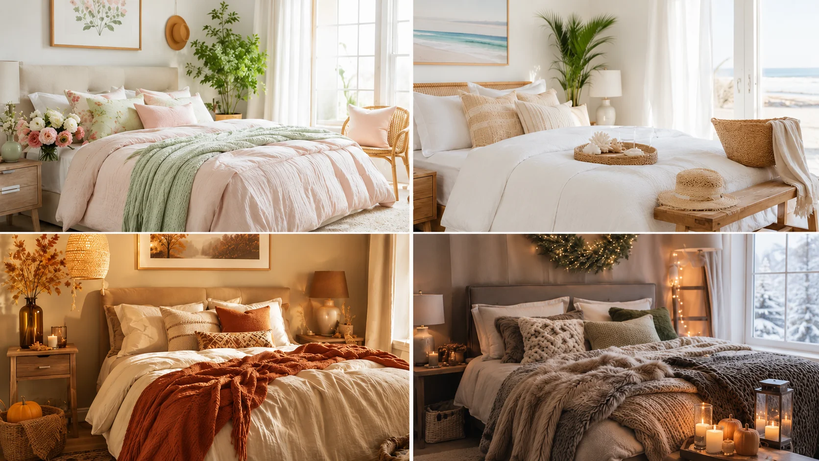 Cozy seasonal bedroom decor with soft pillows, blankets, plants, and warm lighting.