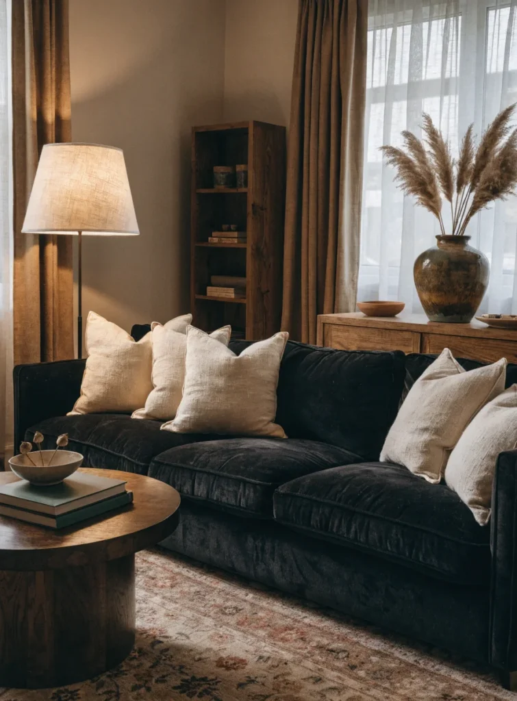 black sofa cozy living room with warm wood decor
