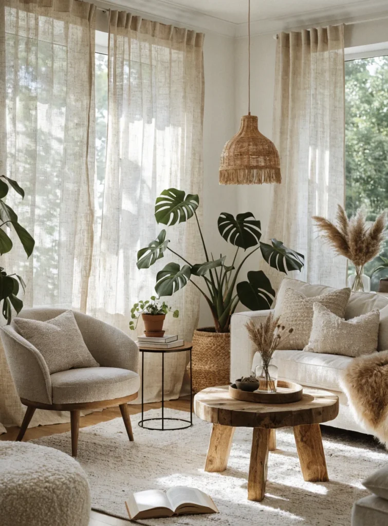 bright airy living room with soft linen curtains