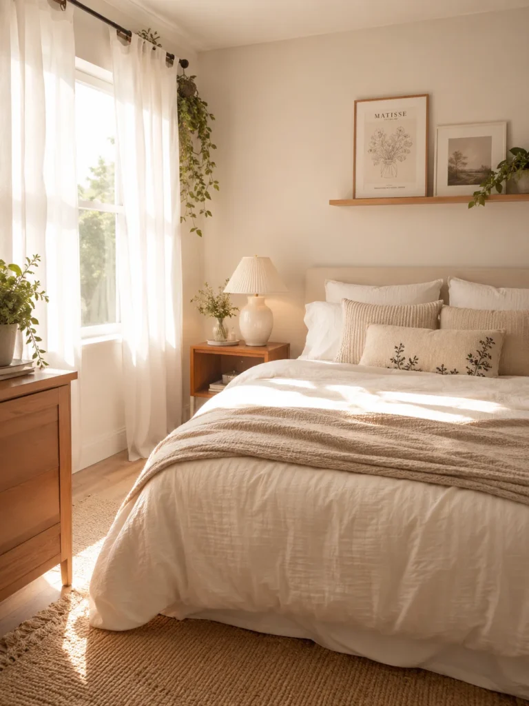 bright bedroom with sheer white curtains