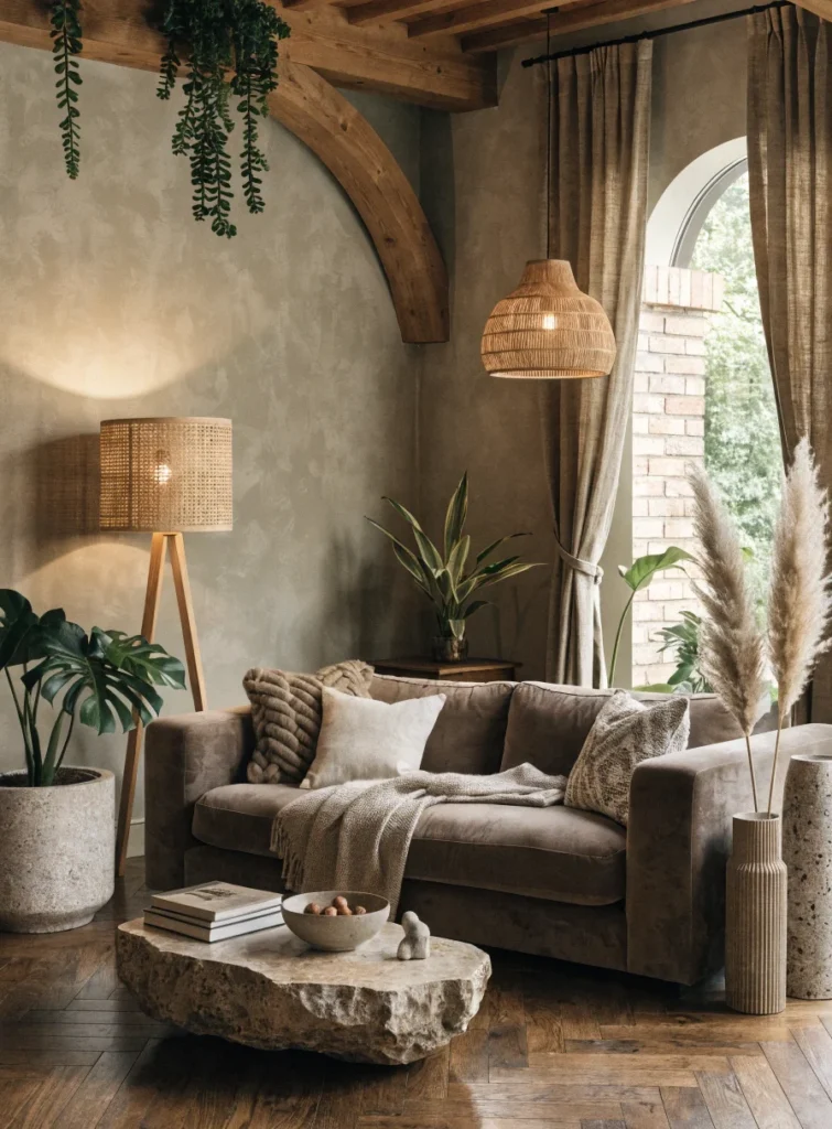 brown couch living room with earthy decor