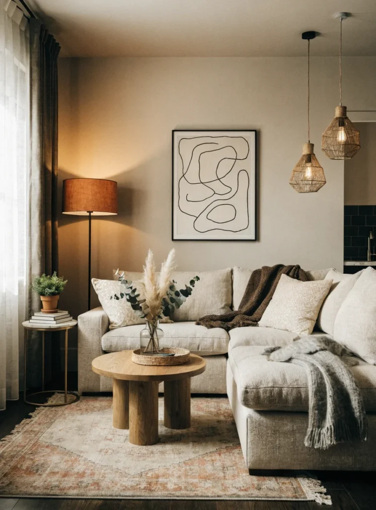 cozy apartment living room with compact sectional sofa