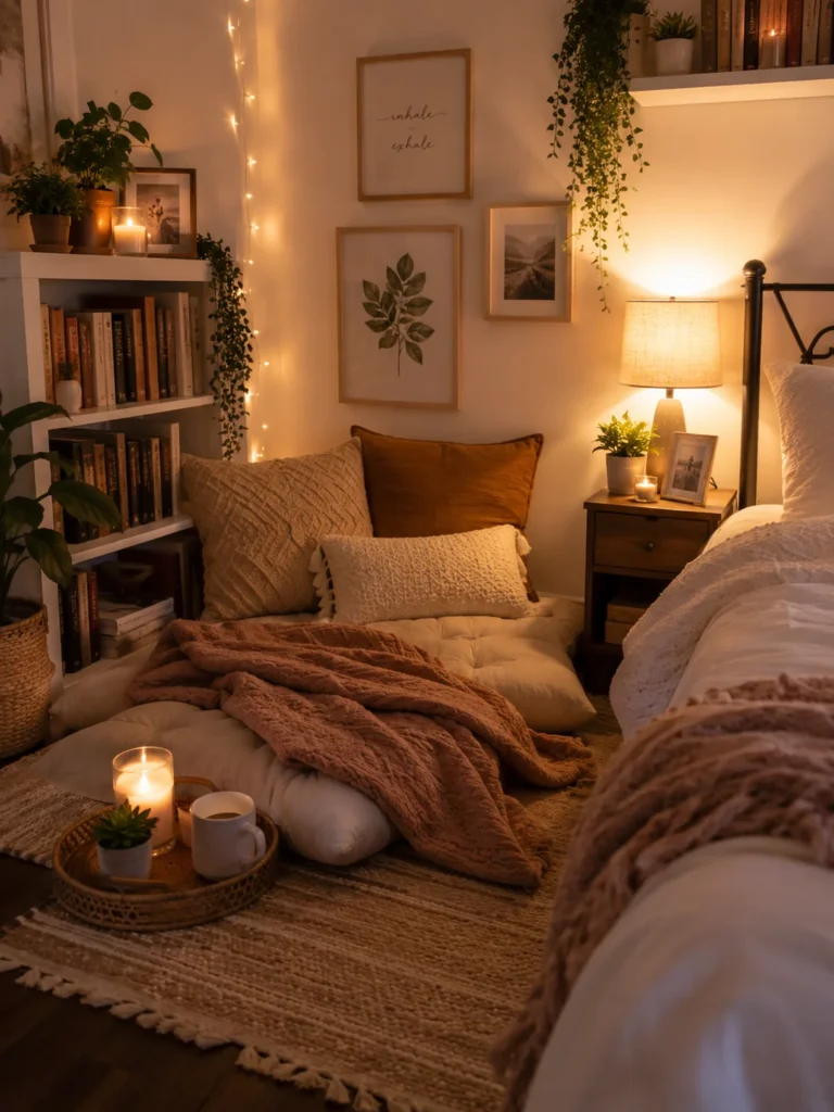 cozy bedroom reading corner with floor cushions