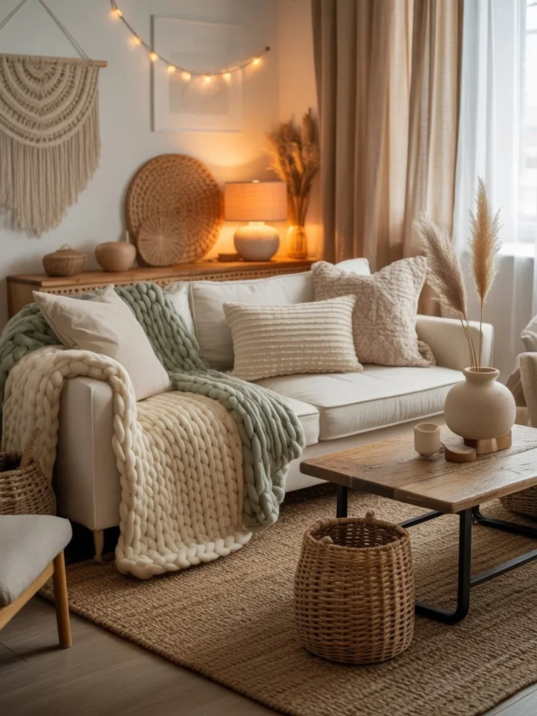 cozy living room ideas with layered blankets