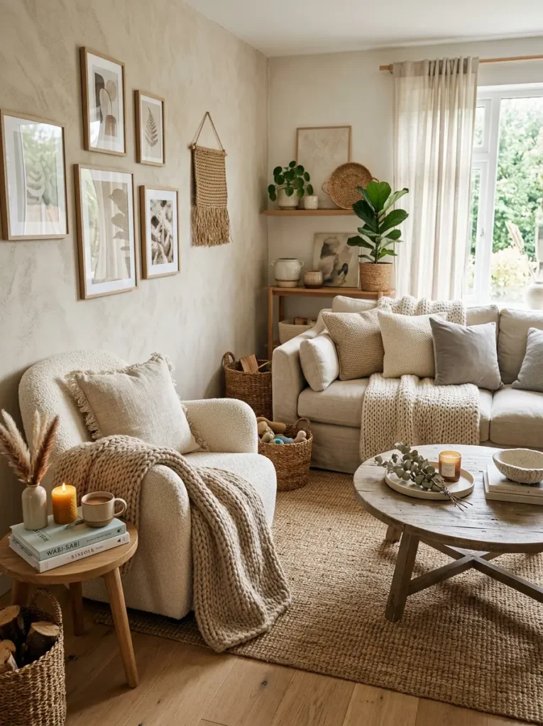 cozy living room with boucle chair and woven decor
