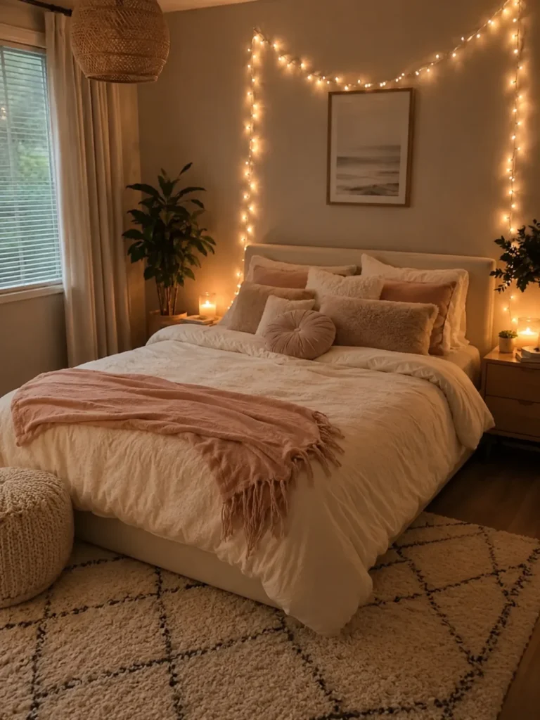 low budget bedroom with warm fairy lights around the bed