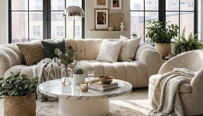 Cozy modern living room interior design with neutral decor, soft textures, stylish sofa, and warm ambient lighting