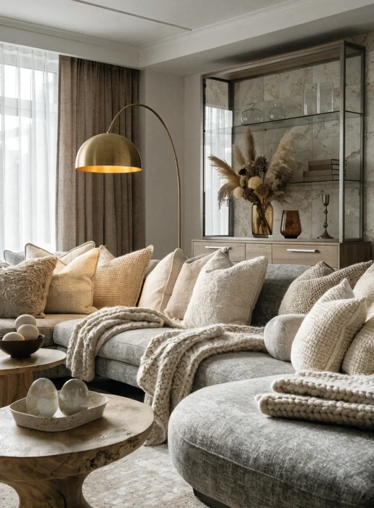 grey couch living room with layered neutral pillow 1
