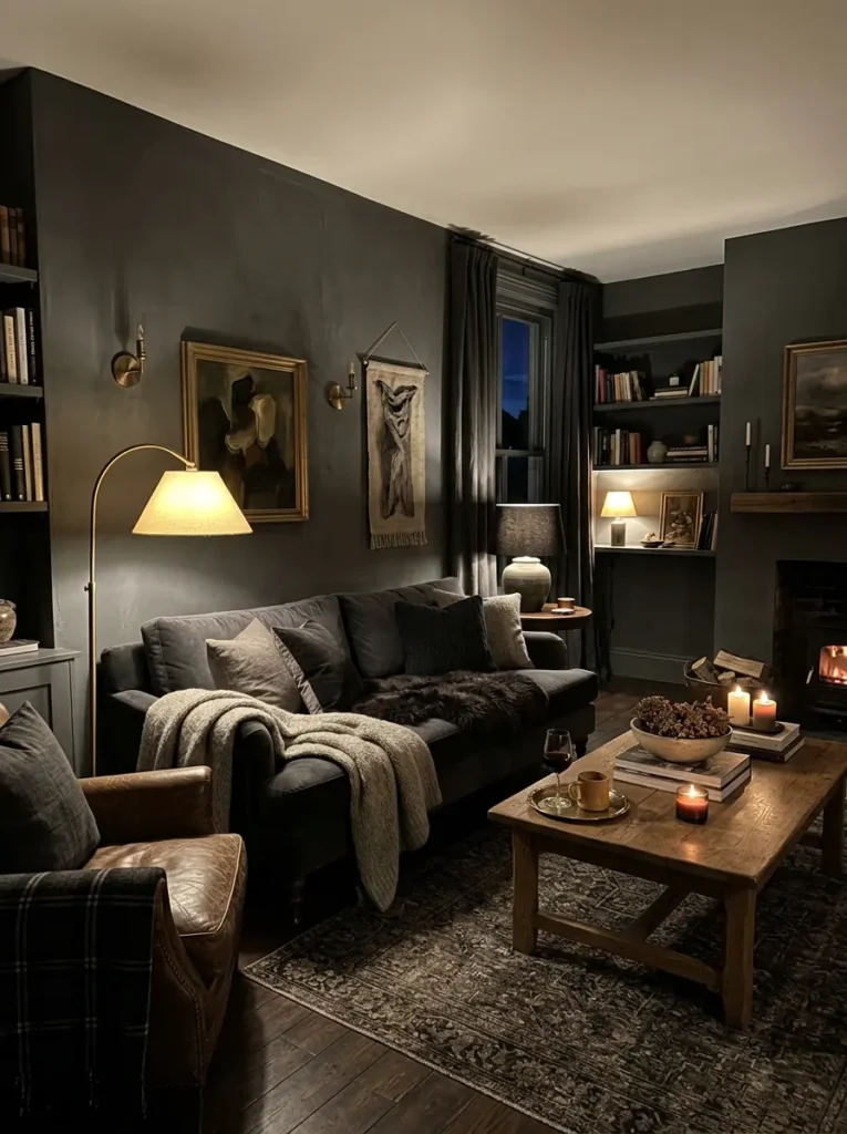 living room with charcoal walls warm lamp lighting 1