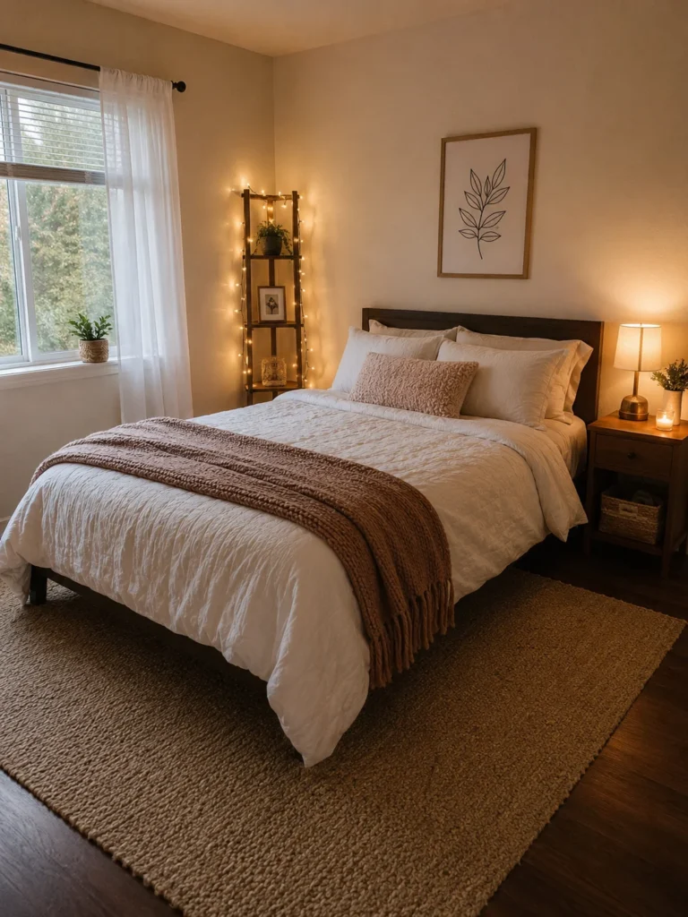 low budget cozy bedroom with soft neutral rug under bed