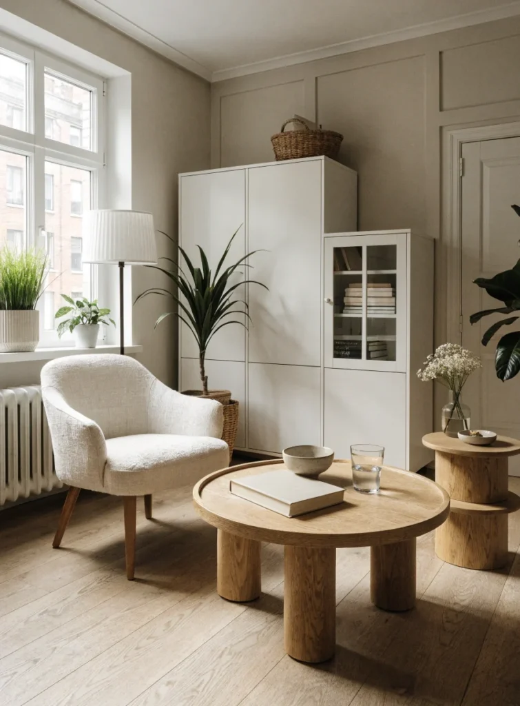 minimal small apartment living room with neutral