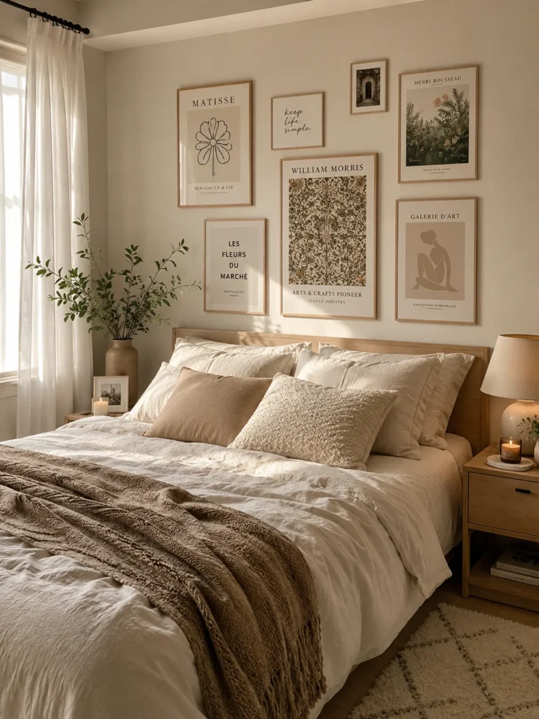 minimalist bedroom with diy gallery wall
