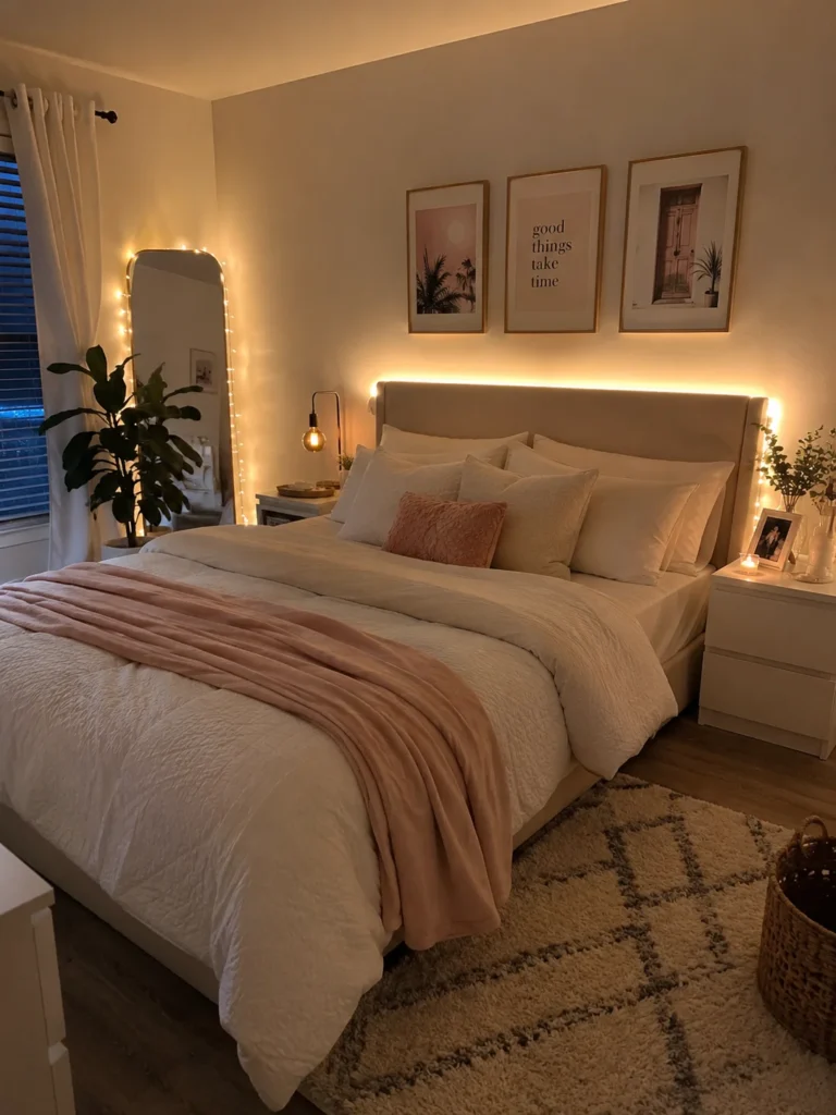 modern bedroom with led strip lights behind bed