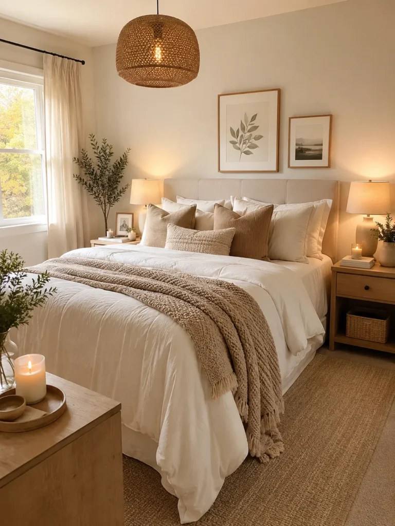 modern cozy bedroom with layered throw pillows