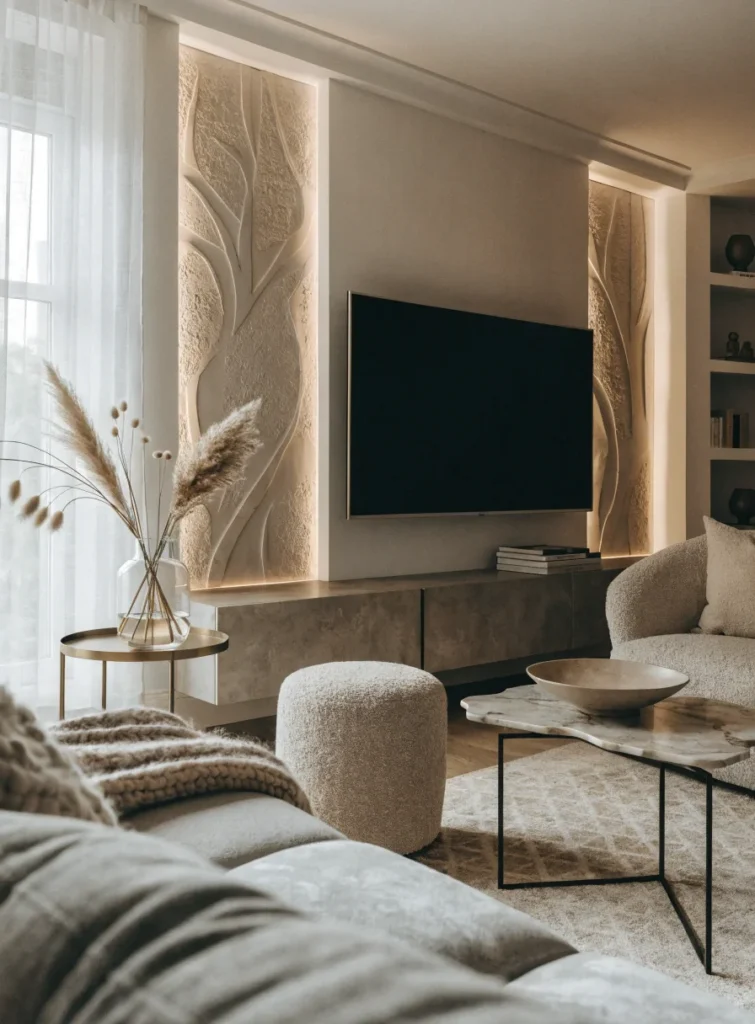 modern cozy tv living room with elegant wall decor