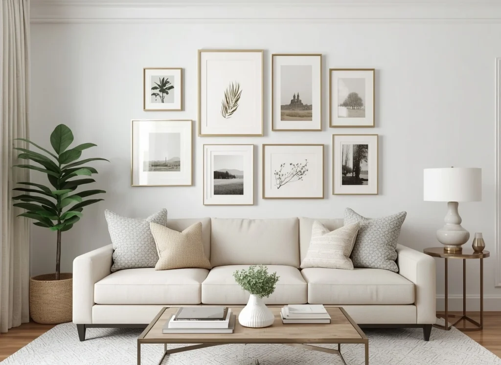 modern gallery wall above sofa with gold frames minimalist decor