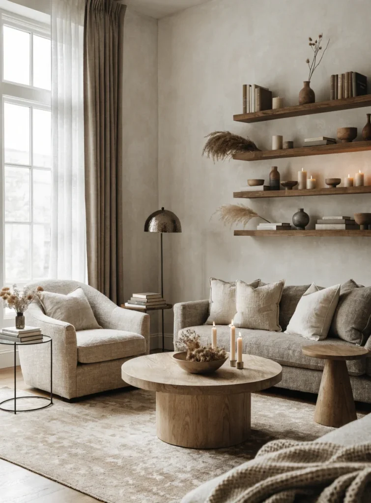 modern living room with floating shelve