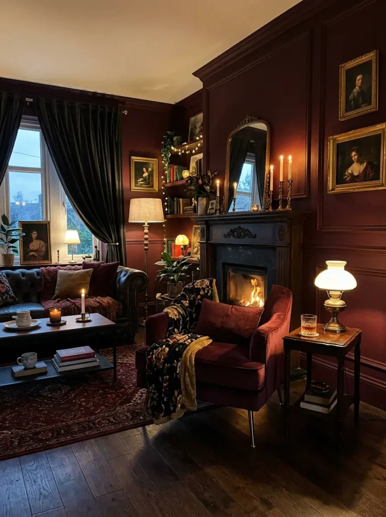 moody burgundy living room with velvet chair