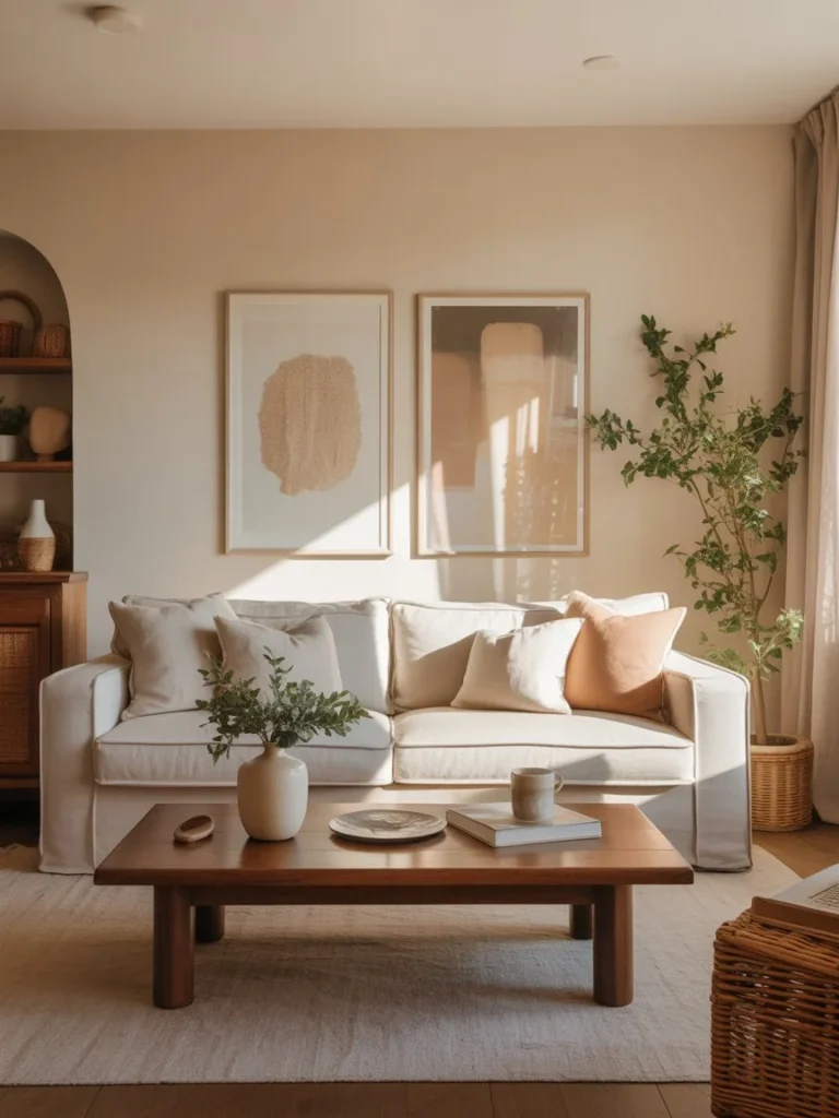 neutral cozy living room with beige sofa