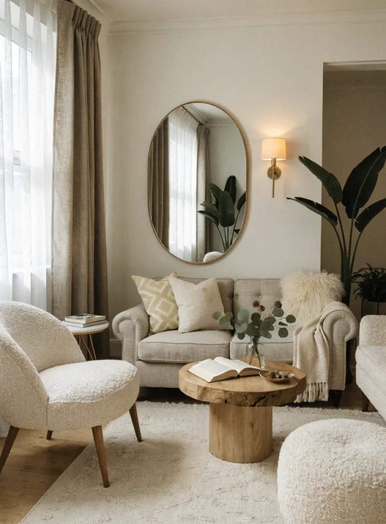 small apartment living room with oversized mirror