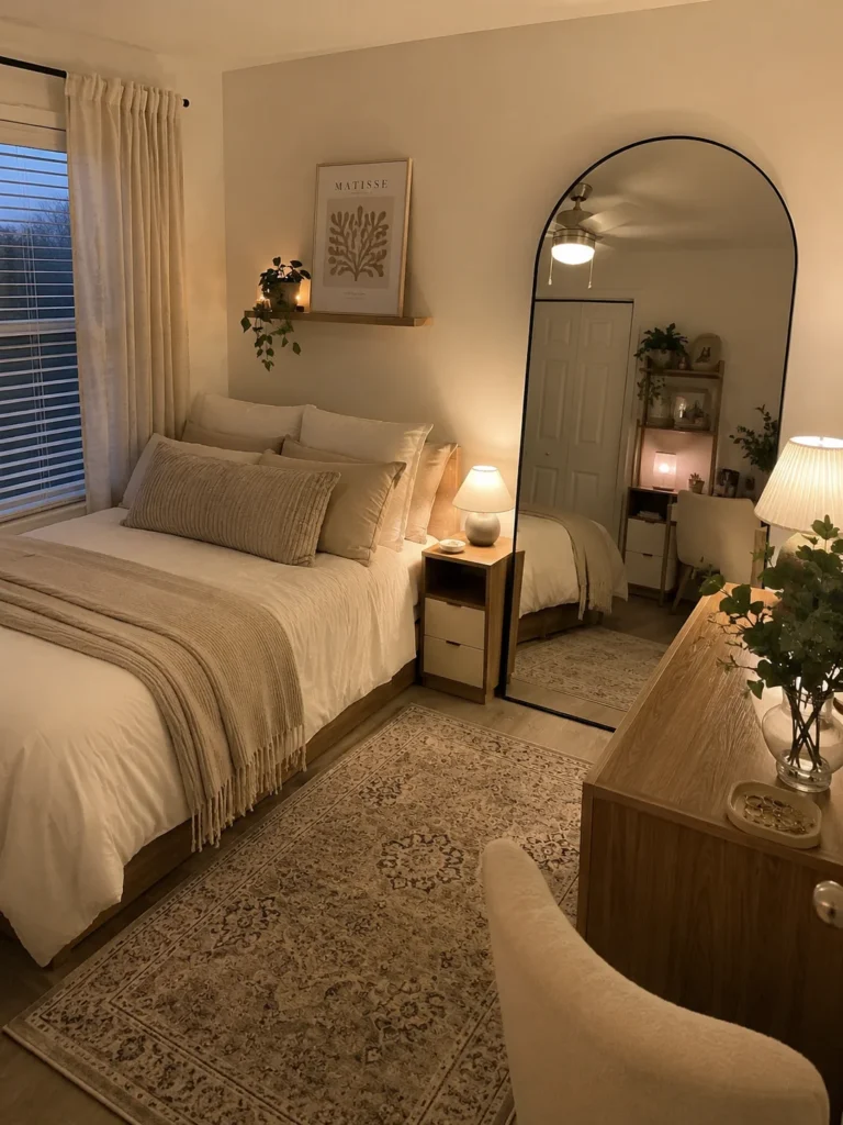 small bedroom with large mirror