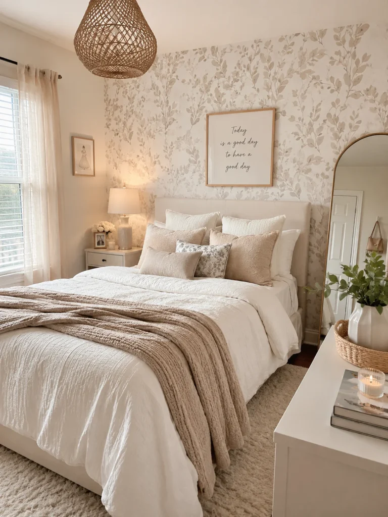 small bedroom with peel and stick wallpaper accent wall
