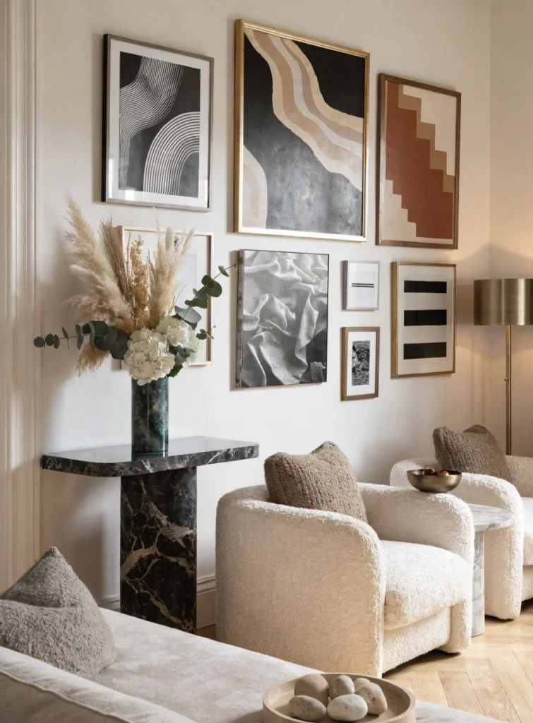 stylish gallery wall in cozy living room