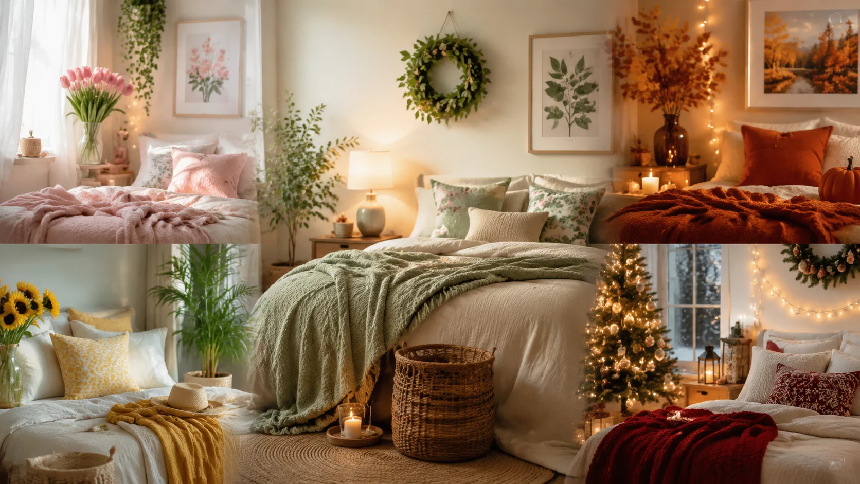 Cozy bedroom decorated with seasonal touches, including throws, cushions, and greenery.