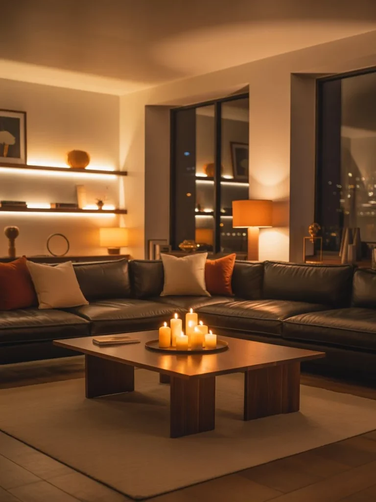 warm cozy living room at night with layered lighting