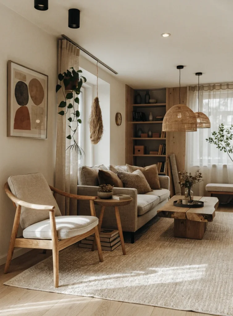 warm living room with wooden furniture beige decor