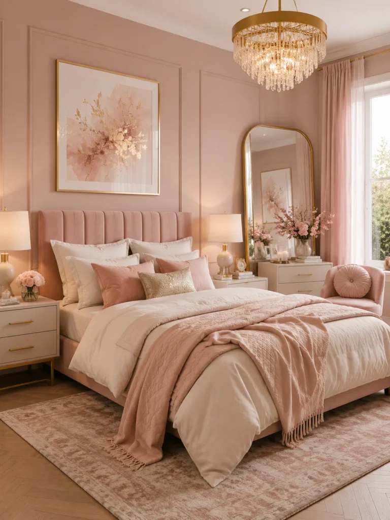 blush pink bedroom with feminine charm