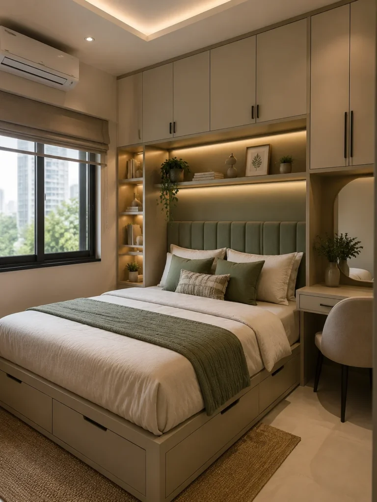 compact bedroom with built in storage cabinets