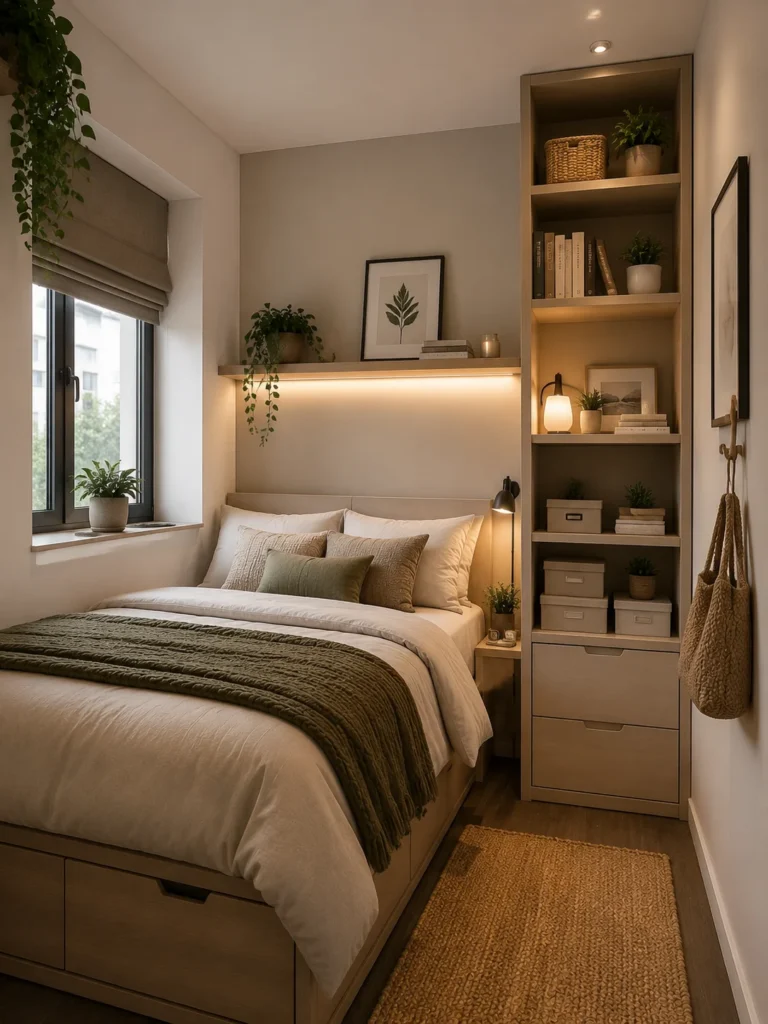 compact bedroom with tall storage shelves