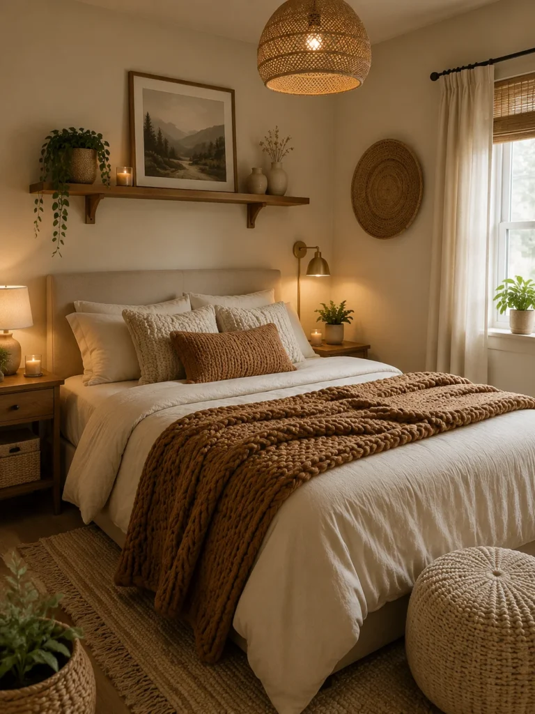 cozy textured small bedroom with knitted throws