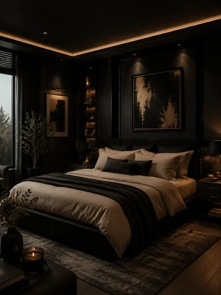 dark black bedroom with warm ambient lighting
