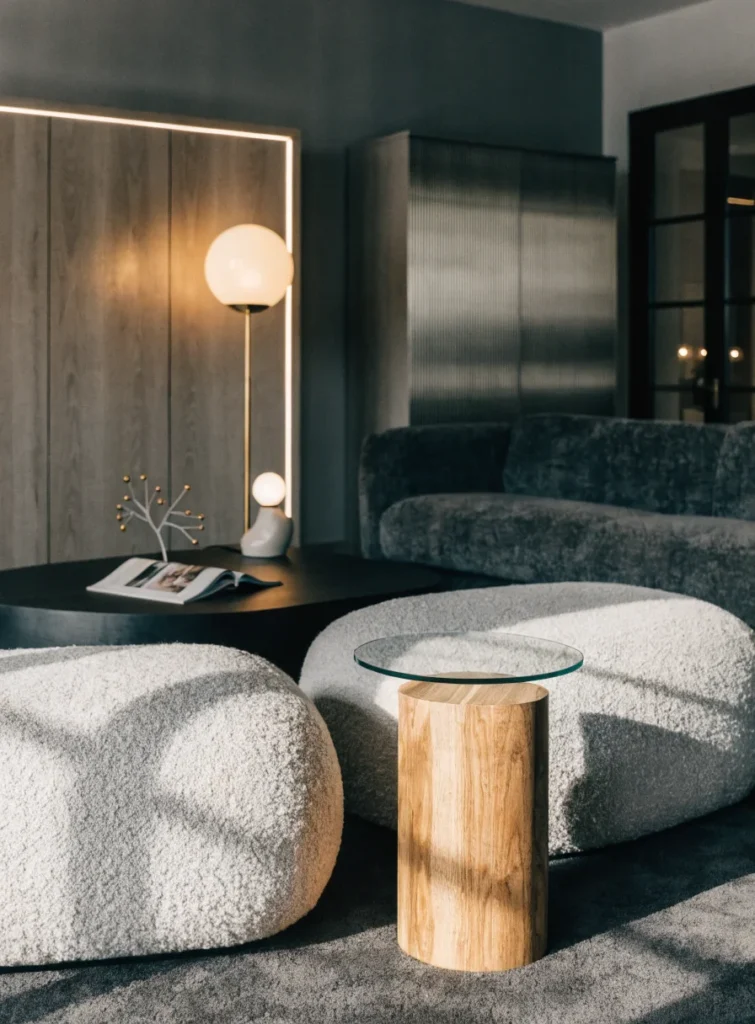 grey modern living room with soft textures wooden