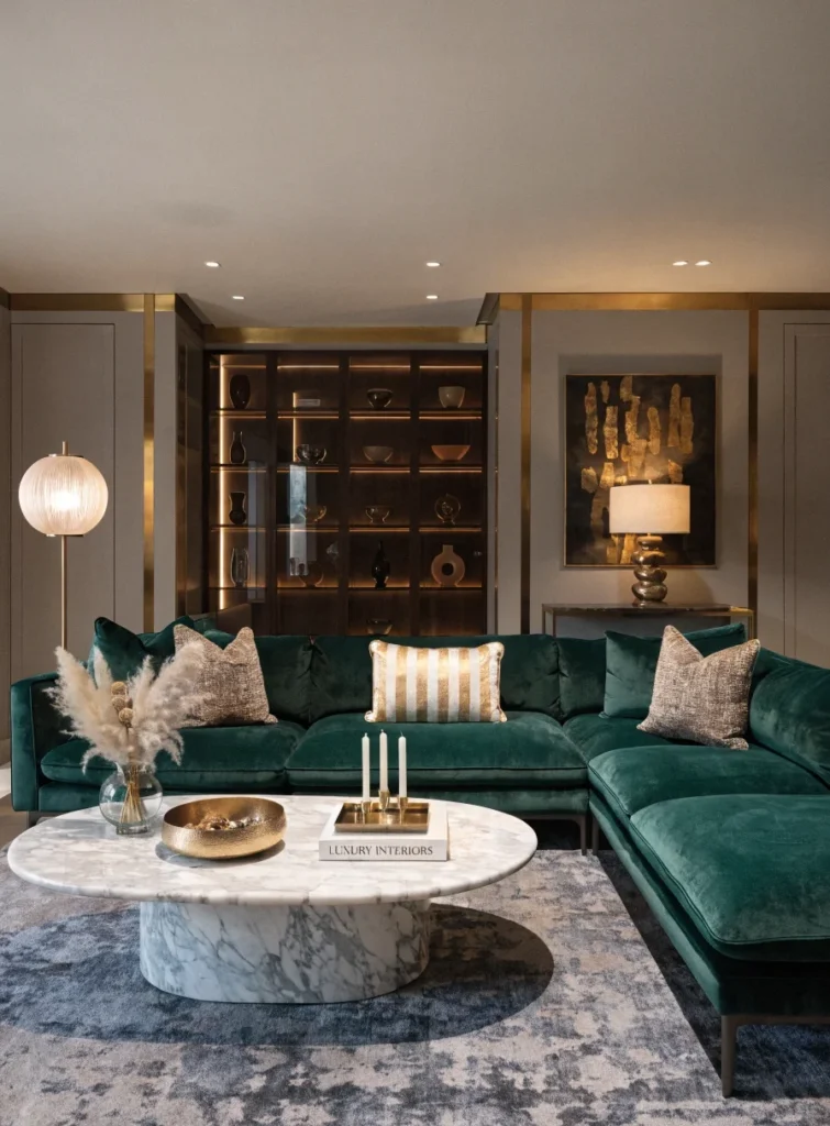 luxury modern living room with velvet sofa marble