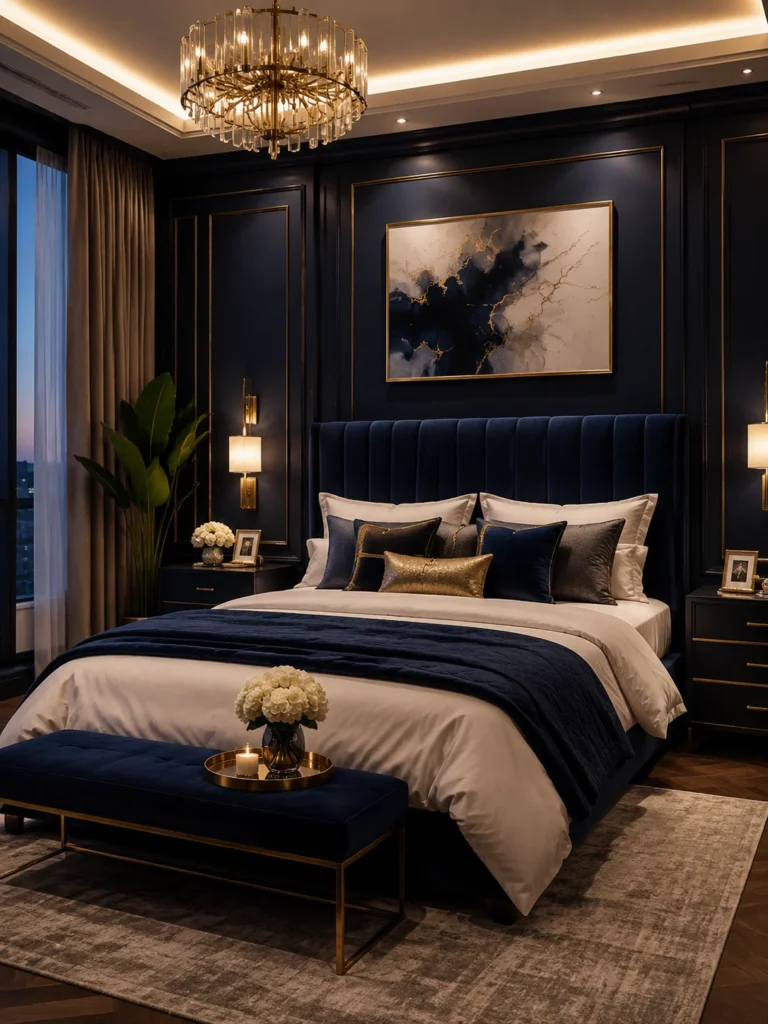 luxury navy blue bedroom with gold accents