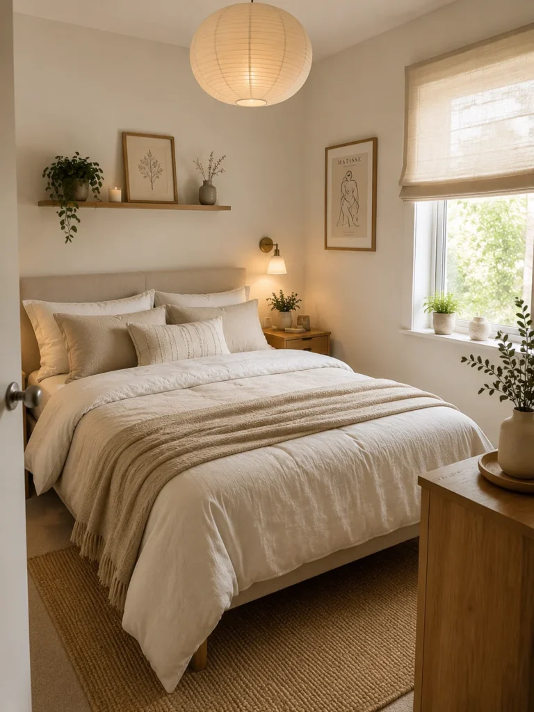 minimal small bedroom with soft linen bedding