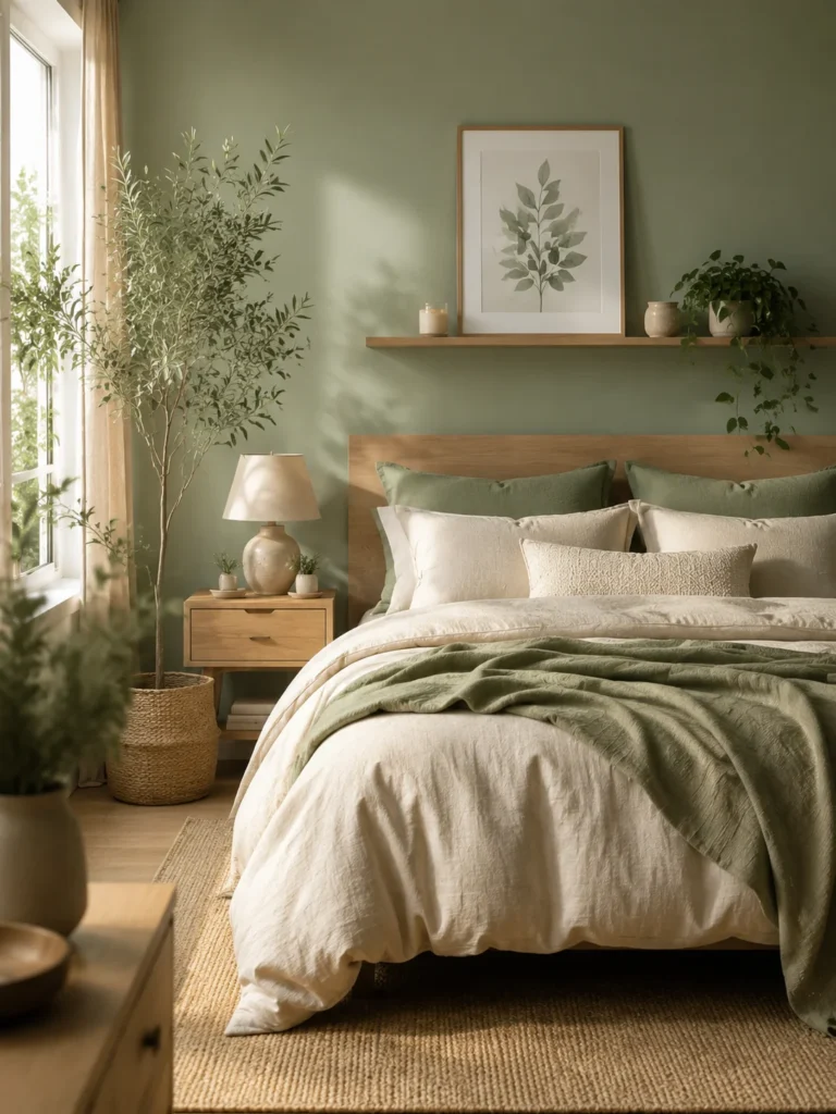 minimalist sage green bedroom with beige bedding
