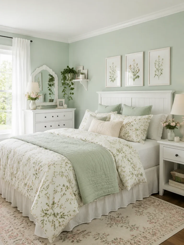 mint green bedroom with white furniture