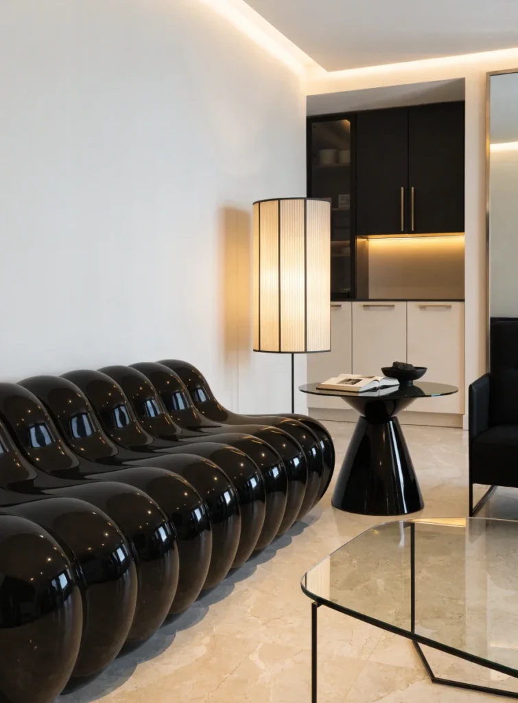modern black accent living room with sleek furniture