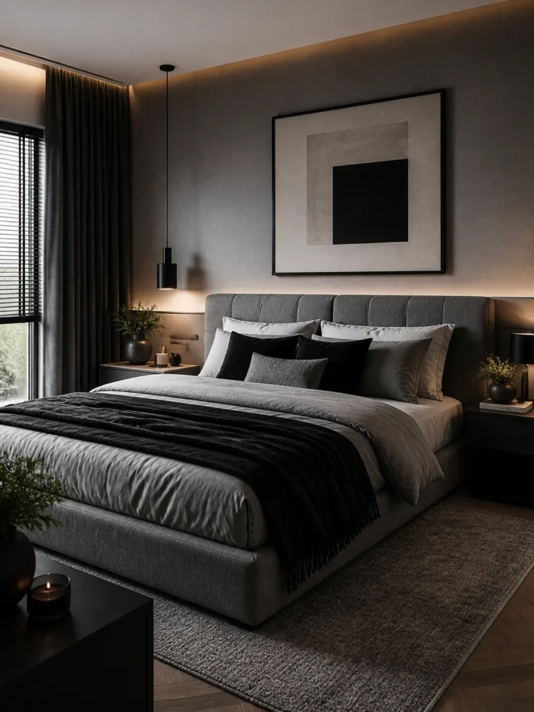 modern grey bedroom with layered bedding