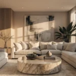 Modern living room ideas with stylish luxury interior design, elegant sofa, warm lighting, and contemporary home decor