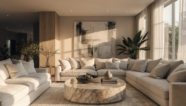 Modern living room ideas with stylish luxury interior design, elegant sofa, warm lighting, and contemporary home decor