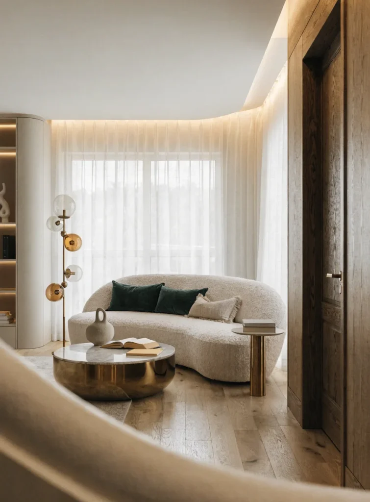 modern living room with curved sofa