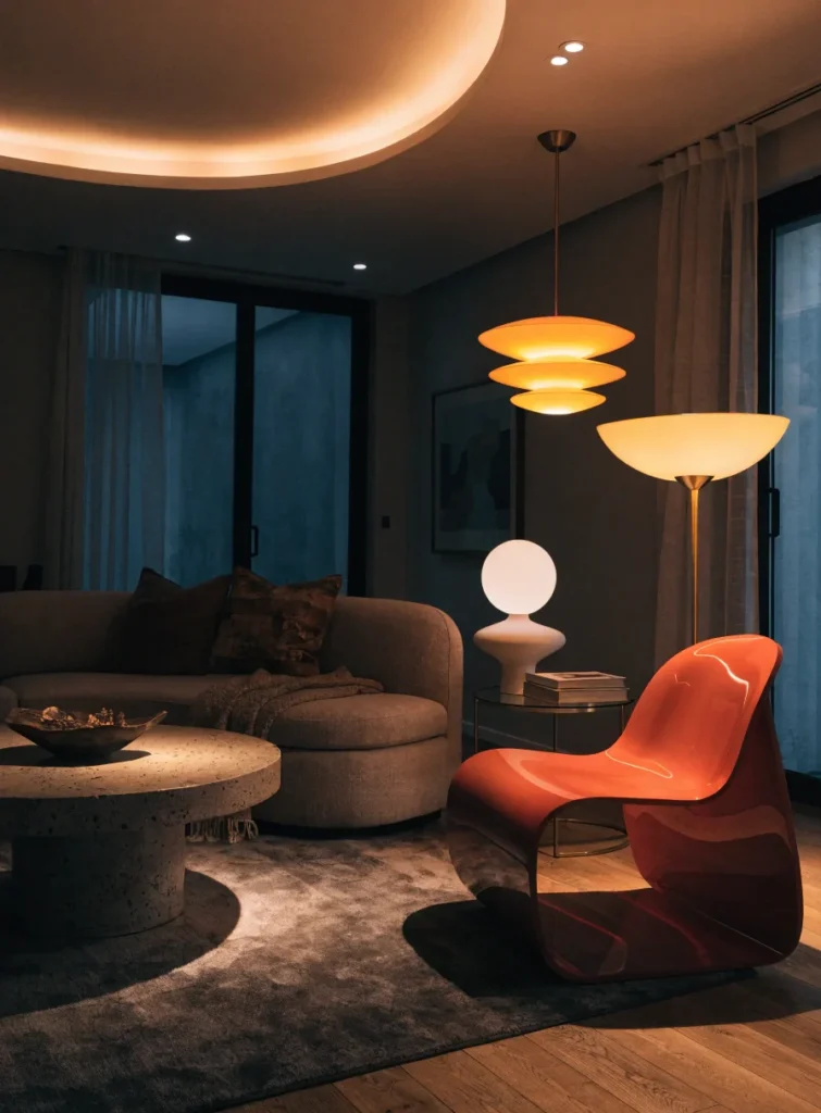 modern living room with layered lighting