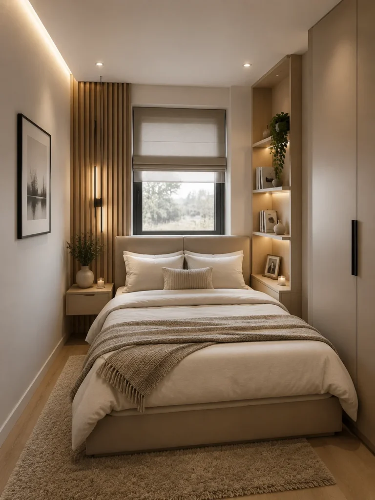 modern monochrome small bedroom in beige tones